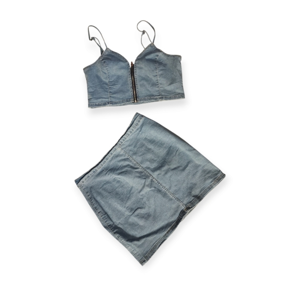 Womens Denim Crop Top and Skirt Set